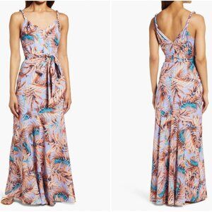 Sam Edelman Twist Strap Tie Waist Maxi Dress Cornflower Blue Palm Print Size 0